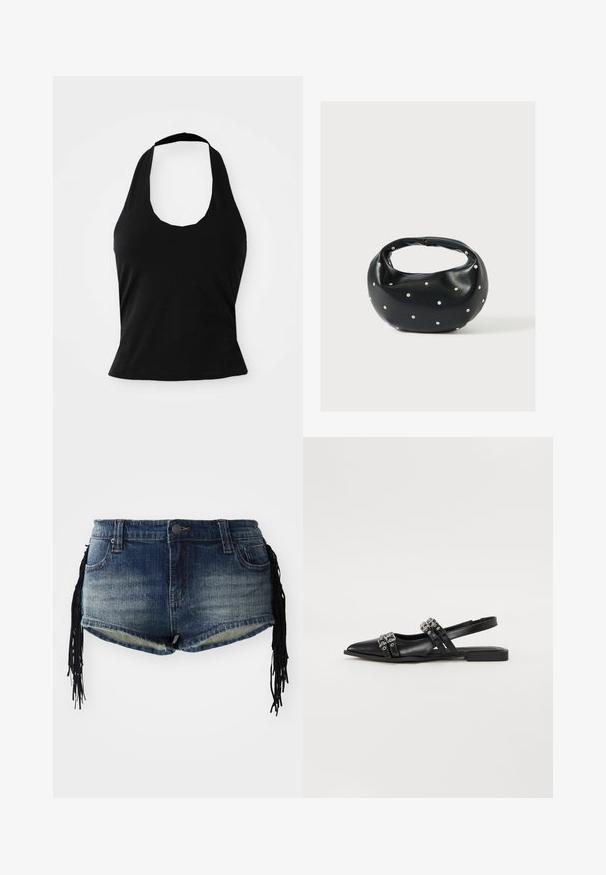 Schwarzes Halftertop aus weichem Stoff, mit einem U-Bootausschnitt und einer figurschmeichelnden Silhouette, glatter Textur und ohne sichtbare Muster.; Denim-Shorts in einem verlaufenden blauen Waschung mit ausgefranstem Saum und schwarzen Fransenverzierungen an den Seiten, mit Fronttaschen und einem Bund.; Even&Odd Sling-Ballerina - black; Schwarze Lederhandtasche mit abgerundeter Form, verziert mit silbernen Nietenakzenten und kurzem Griff. Glatte Struktur und Reißverschlussverschluss.