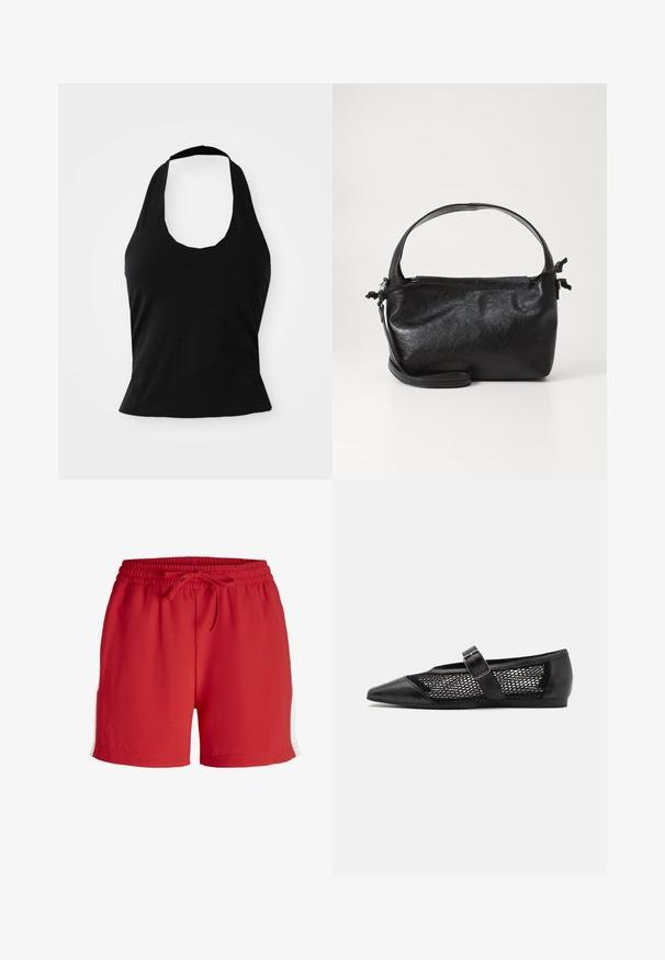 Μαύρο halter top από μαλακό ύφασμα, με στρογγυλή λαιμόκοψη και εφαρμοστή σιλουέτα, με λεία υφή και χωρίς ορατά σχέδια.; Κόκκινες αθλητικές βερμούδες φτιαγμένες από ελαφρύ ύφασμα, με ελαστική μέση που διαθέτει κορδόνι και λευκές λεπτομέρειες στα πλάγια.; Μαύρο επίπεδο παπούτσι με μυτερή μύτη, πλάγιες πάνελ από δίχτυ και λουράκι με λεπτομέρεια από αγκράφα. Λείος φινίρισμα στη μύτη και τις φτέρνες.; Μαύρη δερμάτινη τσάντα με δομικό σχέδιο, στρογγυλή λαβή από πάνω και αποσπώμενο λουρί ώμου. Διαθέτει λεία υφή και διακριτική γυαλάδα.
