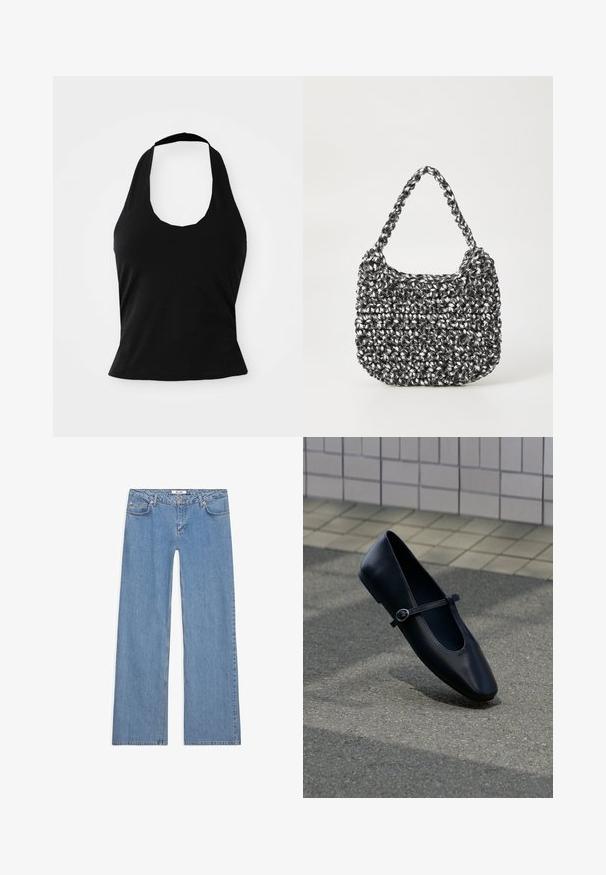Zwarte haltertop gemaakt van zacht materiaal, met een ronde hals en een getailleerde pasvorm, voorzien van een gladde textuur en zonder zichtbare patronen.; Lichtblauwe wijde spijkerbroek van denim, met een vijf-pocket ontwerp, knoopsluiting en gestikte details langs de naden en zoom.; Zwarte leren Mary Jane platte schoen met een klein gespje, geplaatst op een grijs asfaltoppervlak nabij een betegelde muur.; Geweven handtas in zwart en wit met een ronde vorm, gestructureerd oppervlak en een gevlochten handvat. Geschikt voor dagelijks gebruik.