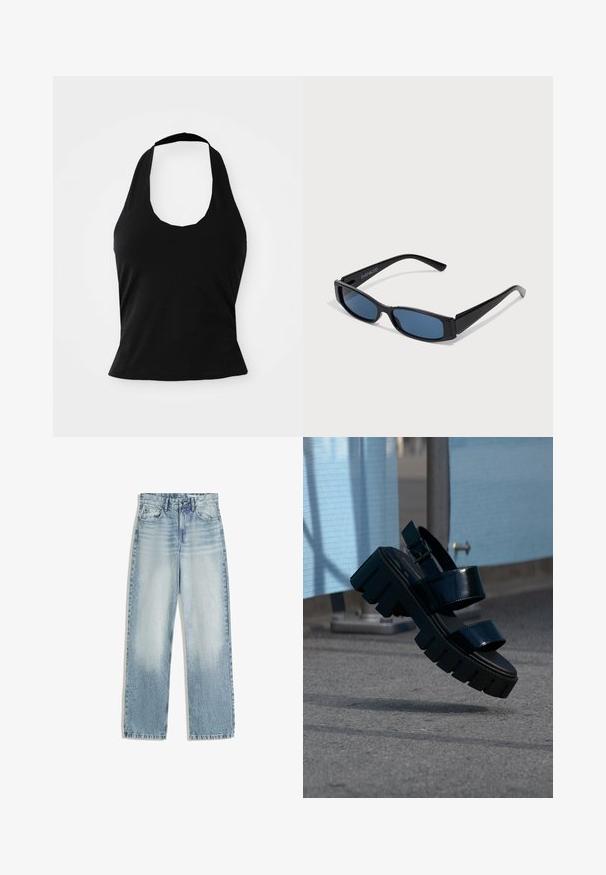 Zwarte haltertop gemaakt van zacht materiaal, met een ronde hals en een getailleerde pasvorm, voorzien van een gladde textuur en zonder zichtbare patronen.; Lichtblauwe denim jeans, hoog in de taille, met een recht model. Bevat klassieke vijf-pocket styling en subtiele vervaging aan de voorkant.; Zwarte chunky platform sandaal met twee banden en gesp, zwevend in de lucht boven grijze bestrating en een blauwe stoffen achtergrond.; Zwarte zonnebril met een slank rechthoekig frame en blauwe lenzen. Heeft een gladde textuur en stevige pootjes. Merklogo aan de zijkant.