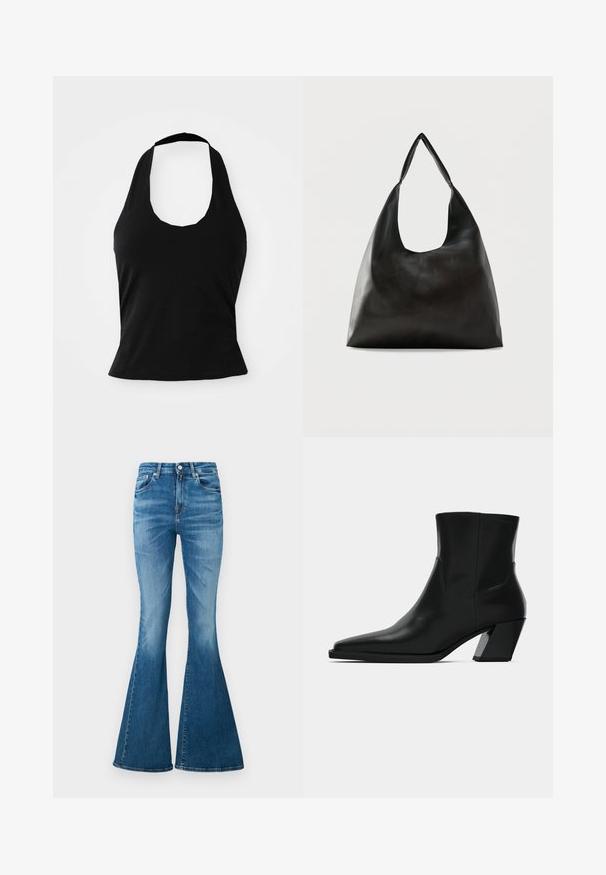 Schwarzes Halftertop aus weichem Stoff, mit einem U-Bootausschnitt und einer figurschmeichelnden Silhouette, glatter Textur und ohne sichtbare Muster.; Schicke Schlagjeans aus mittelschwerem Denim mit hoher Taille, in hellblauer Farbe, dezenten Verblassungen und klassischem Fünf-Taschen-Design.; Schwarze Leder-Stiefelette mit spitzem Zeh, schlanker Silhouette und klobigem quadratischem Absatz. Glatte Textur mit minimalen Nähdetails.; Schwarze, glatte Leder-Schultertasche mit einem breiten, einzelnen Riemen und einem lässigen, minimalistischen Design vor einem einfarbigen Hintergrund.