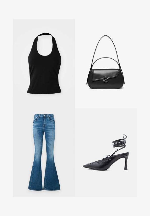 Haut halter noir en tissu doux, avec un col rond et une silhouette ajustée, à la texture lisse et sans motifs visibles.; Jeans évasés en denim de poids moyen, à taille haute, de couleur bleu clair, avec un léger délavage et un design classique à cinq poches.; Chaussure à talon haut noire à bout pointu avec brides enveloppantes autour de la cheville et plusieurs œillets sur le devant pour laçage.; Sac à bandoulière en cuir noir avec un rabat incurvé fermé par un fermoir métallique rond et une sangle fine et ajustable.