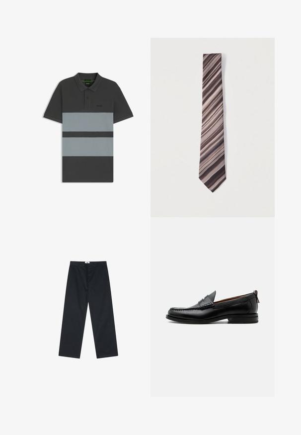 Camisa polo de algodón, con una base gris oscuro y franjas horizontales en gris claro y gris oscuro, y un logo negro en el pecho.; Pantalones de algodón negros con un diseño de pierna recta, con cierre de botón y una cinturilla sencilla. Sin patrones ni acentos adicionales.; Mocasín de hombre de piel negra con costura moc toe, tira penny, cuello texturizado y tacón bajo apilado sobre fondo blanco.; Corbata de rayas en tonos marrón, beige y azul marino. Hecha de tela suave con un extremo afilado y un patrón horizontal distintivo.