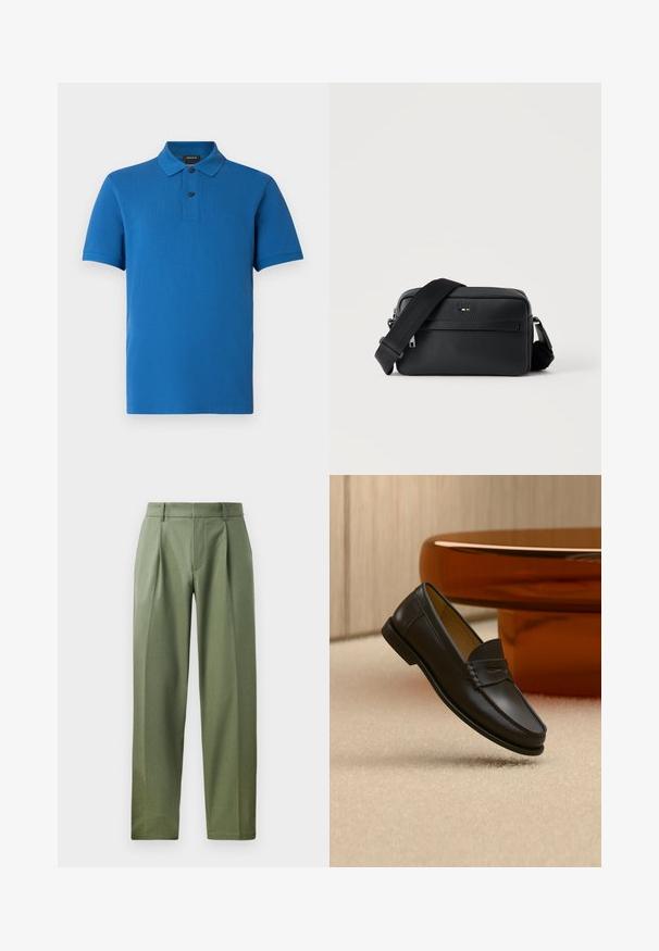 Polo azul de manga corta con cuello, dos botones negros, ajuste regular y sutil logo "BOSS" en el pecho izquierdo.; Pantalones a medida en tejido verde olivo con una textura suave, que cuentan con dos pliegues frontales, trabillas para el cinturón y un diseño de pierna recta.; Zapato mocasín de cuero negro suspendido sobre una alfombra beige con muebles modernos de color ámbar en el fondo.; Bolso bandolera negro de cuero texturizado con bolsillo frontal con cremallera y correa de hombro ancha de tela ajustable sobre fondo blanco.