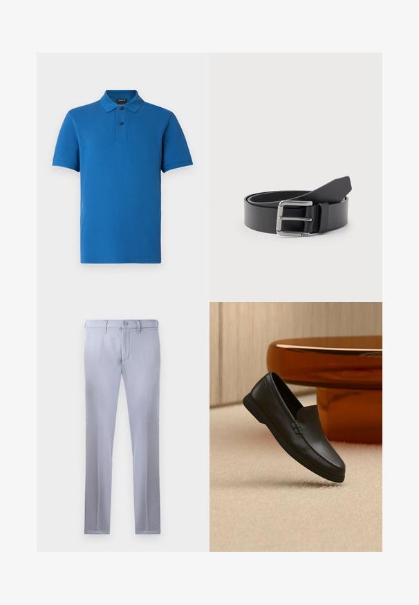 Blå kortærmet poloshirt med krave, to sorte knapper, normal pasform og subtil "BOSS"-logo på venstre bryst.; Lysegrå skræddersyede bukser lavet af glat stof, med knaplukning, bæltestropper og lige ben. Ingen synlige lommer.; Sort læder slip-on loafer vist på beige tæppe ved siden af et buet borde af ravfarvet glas i et rum med neutrale toner.; Sort læderbælte snoet med sølvfarvet rektangulært metalspænde graveret med "BOSS" på en lysegrå baggrund.