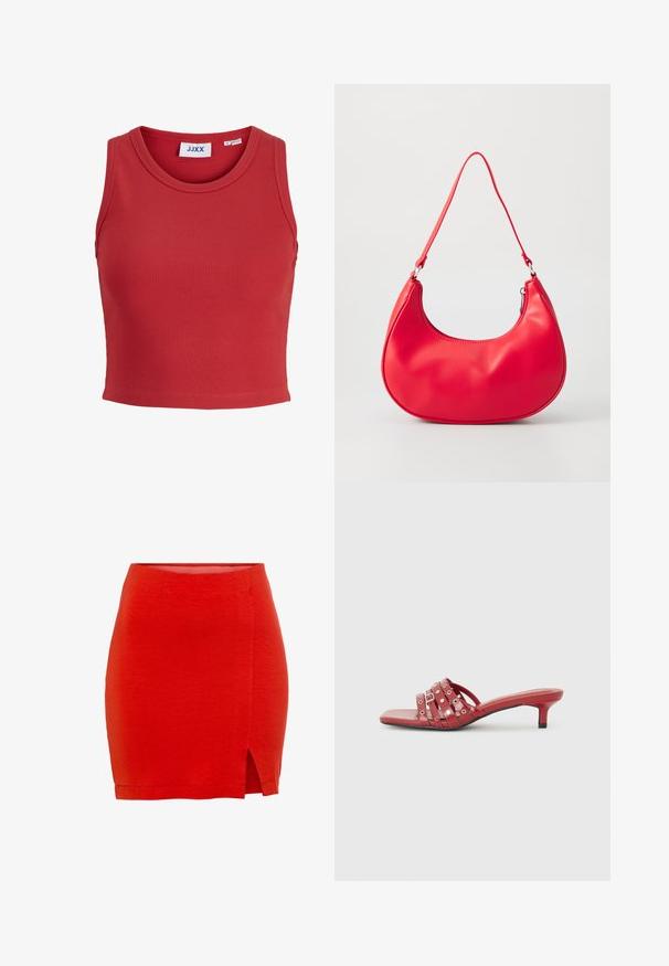 Rød ribbet ærmeløs crop top med rund halsudskæringer og en sammenføjet kant. Har et mærke indeni kraven. Blødt, struktureret stof.; Rød strikket nederdel med en tætsiddende pasform, der har en sideslids og en kant, der sidder lige over midt-lår. Glat tekstur, enkel konstruktion.; Røde åbne mule-sko med lav hæl, der har flere vandrette remme med runde detaljer. Glat, blank finish. Firkantet tåform.; Rød syntetisk læder skuldertaske med en buet form, slank rem og lynlås lukning. Glat tekstur med synlige syninger.