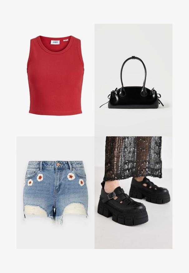 Rode geribbelde mouwloze crop top met een ronde halslijn en een gestikte zoom. Bevat een label binnen in de kraag. Zachte, gestructureerde stof.; Denim shorts met een rafelige zoom, lichtblauwe kleur, voorzien van bloemenborduurwerk in wit en bruin rondom de voorkant. Vijf-pocket ontwerp.; Zwarte platform sandalen met een chunky ontwerp, voorzien van brede banden en een zijgesp. Gemaakt van textuur rubber met een logo-detail.; Kleine zwarte glanzende handtas met twee lange hengsels en zijkant trekkoord details op een effen lichte achtergrond.