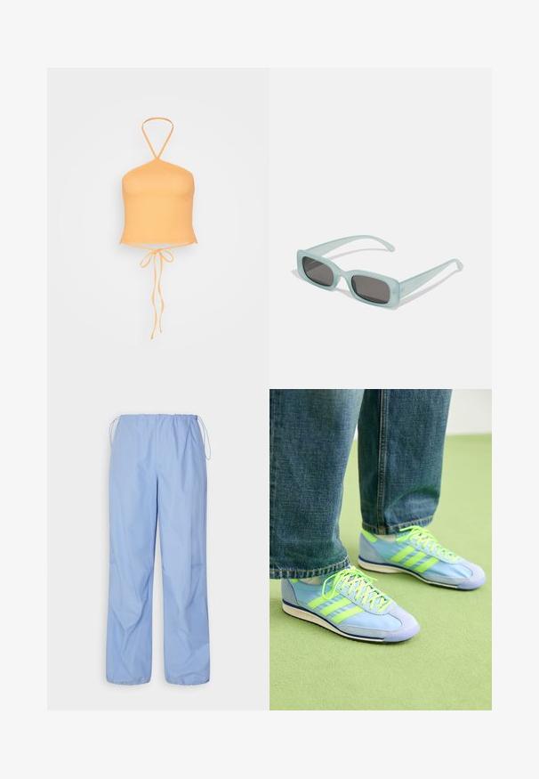 Pieces PCKUPA CROPPED - Top - papaya; ONLY ONLFRANCHES PARACHUTE PANT - Bukser - grapemist; Lysblå træningssko med grønne detaljer, lavet af ruskind og syntetisk materiale, med tre striber og en tekstureret sål. Stylet med løse denimbukser.; Et par rektangulære solbriller med lyseblå gennemsigtige stel og mørkegrå linser, der har lige templer og minimale hardware detaljer.