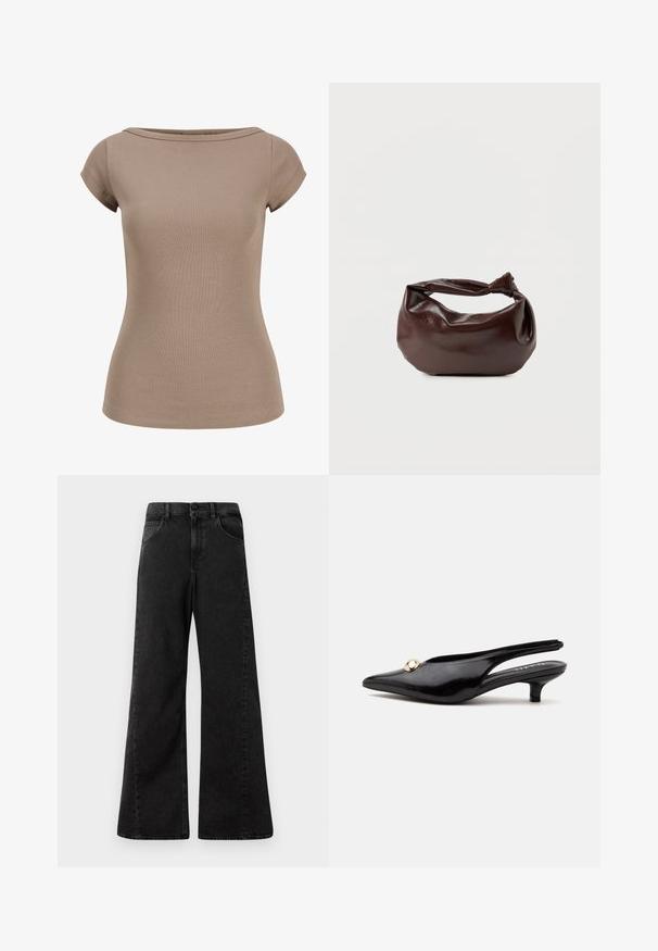 Kortærmet ribbet taupe top med bådudskæring og figursyet talje, vist på hvid baggrund.; Højtaljede sorte denim jeans med vidde ben-design, der har forlommer og en knaplukning i taljen.; Sort laklæderslingback med lille hæl, spids tå og en lille rund guldbesætning på toppen.; Mørkebrun læder skuldertaske med en blød, afslappet form og et snoet knudehåndtag på en ensartet hvid baggrund.