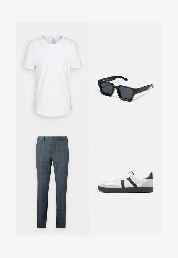 Witte T-shirt met korte mouwen van katoen, met een klassieke ronde halslijn. Heeft een licht gebogen zoom en minimale stiksels.; Slim-fit herenkleedbroek in blauwgrijs met een subtiel ruitpatroon, voorste knoop, riemlussen en een vlak ontwerp aan de voorkant.; Witte sneaker met zwarte en grijze accenten, voorzien van een grijze neus met textuur, zwarte rubberen zool en platte witte veters. Schoon ontwerp, minimalistische stijl.; Zwarte rechthoekige zonnebril met donkere lenzen. Dikke, gladde kunststof montuur met een licht glanzende afwerking en rechte veren.