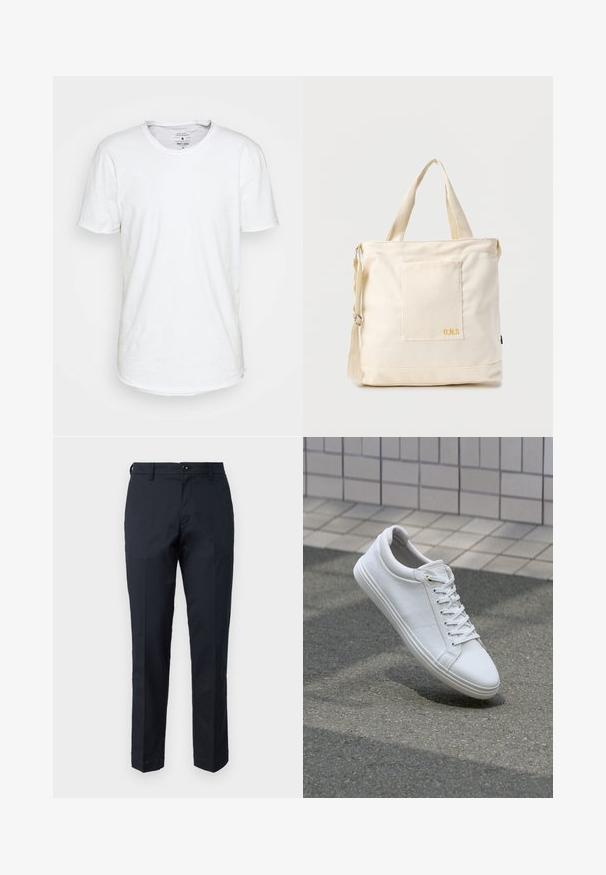 Witte T-shirt met korte mouwen van katoen, met een klassieke ronde halslijn. Heeft een licht gebogen zoom en minimale stiksels.; Marineblauwe broek van katoen met een rechte pasvorm, voorzakken en een knoopsluiting. Gladde textuur, geen zichtbare patronen.; Witte sneakers met een getextureerd leren bovenwerk, vlakke veters en een gladde rubberen zool. Licht gebogen neus en minimalistisch ontwerp.; Crèmekleurige canvas boodschappentas met voorvak, twee handvatten, verstelbare schouderriem en kleine gele "O.N.S" tekst rechtsonder op het vak.