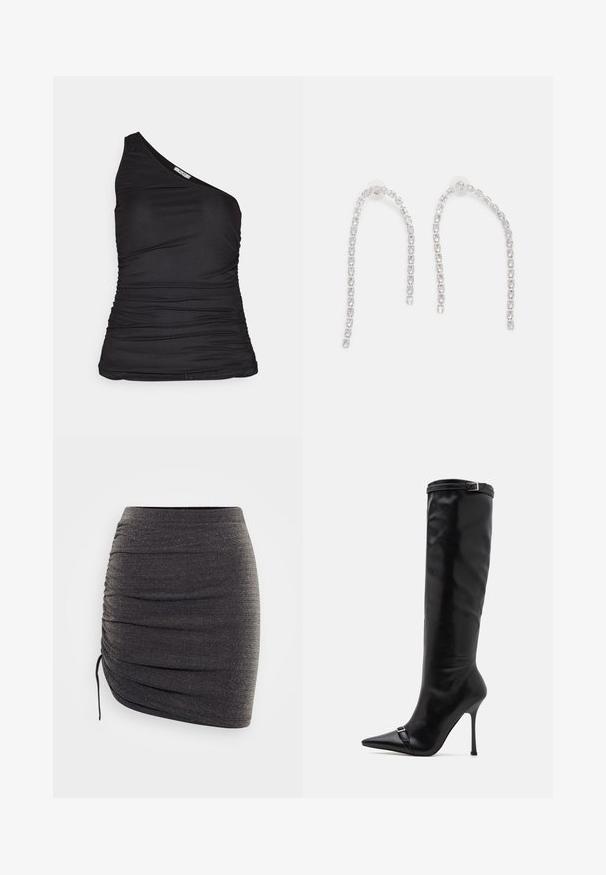 Haut noir à une épaule en matière extensible, avec un ruché sur le devant et une coupe près du corps pour une silhouette élancée.; Mini-jupe noire en matériau doux et extensible avec un subtil éclat. Présente des détails froncés et un cordon de serrage sur un côté.; Simmi London PALACE - Bottes - black; Boucles d'oreilles en argent avec des chaînes pendantes, présentant plusieurs pierres précieuses claires disposées en motif linéaire, offrant un effet scintillant.