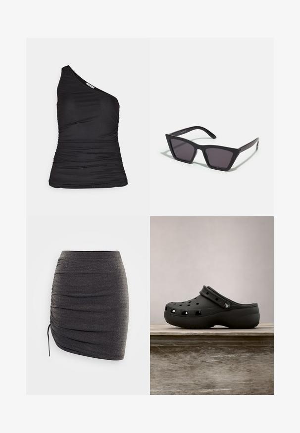 Top negro de un solo hombro hecho de material elástico, con fruncidos en la parte delantera y un diseño ajustado para una silueta elegante.; Mini falda negra hecha de material suave y elástico con un sutil brillo. Presenta detalles recogidos y un cordón en un lado.; Zueco de goma negro con agujeros de ventilación, tacón elevado, correa trasera y suela texturizada. Acabado liso con un diseño minimalista.; Gafas de sol negras y angulares con lentes grises; fabricadas en plástico, con varillas gruesas de superficie suave y sin herrajes visibles.