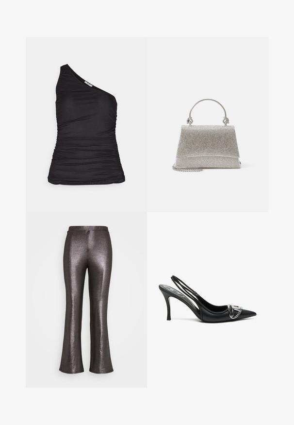 Zwarte top met één schouder, gemaakt van rekbaar materiaal, met plooien aan de voorkant en een getailleerd ontwerp voor een slanke silhouet.; Even&Odd by Zalando Broek - black/silver; Zwarte slingback hoge hakken met een spitse neus, voorzien van een glanzend zilveren gespsluiting en een slanke hak. Gladde leren textuur, minimalistisch ontwerp.; ALDO FELISIA - Handtas - silver-coloured