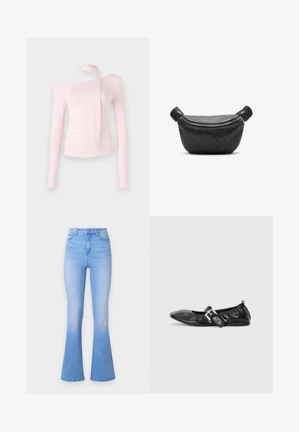 Rosa Langarmoberteil mit schulterfreier Gestaltung, das ein gebundenes Detail am Hals aufweist und eine enganliegende Textur hat, die die Silhouette betont.; Hellblau ausgestellte Jeans mit hoher Taille, aus Denim gefertigt. Hat eine glatte Textur und einen subtilen Farbverlauf zum Saum hin. Klassisches Fünf-Taschen-Design.; Schwarze Leder-Ballerinas mit spitzem Zehenbereich, gerafften Details am Schaft und einem silbernen Schnallenakzent am verstellbaren Riemen.; Schwarze Handtasche mit einer glatten Lederoberfläche und einem strukturierten Boden, der mit silbernen Nieten bedeckt ist. Sie verfügt über einen Reißverschluss und zwei Griffe.