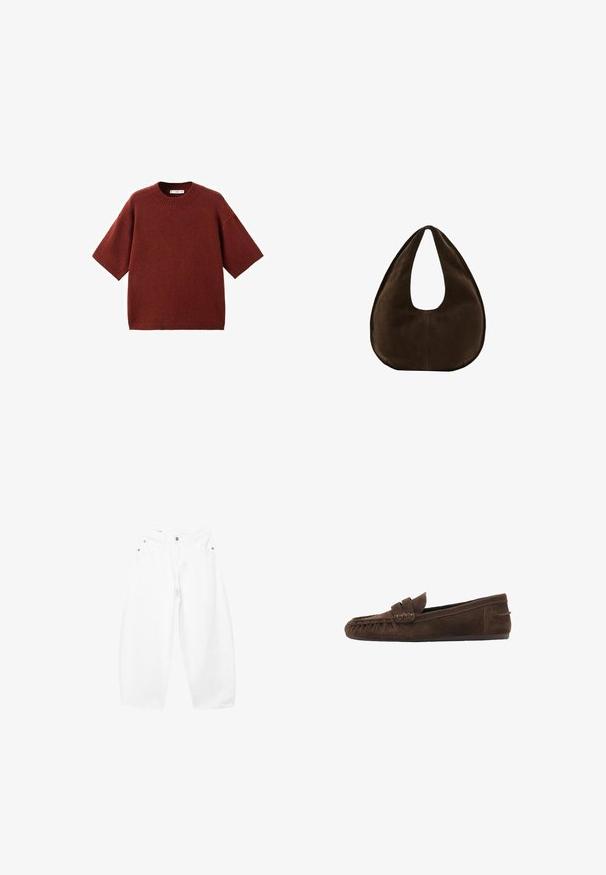 Pull-over manches courtes couleur rouille avec un col rond côtelé et une texture douce. Design simple et carré sans motifs apparents.; Jean en denim blanc coupe ample avec fermeture par bouton et zip, passants de ceinture et poches avant, présenté sur un fond uni.; Mocassin marron en daim avec détails cousus et petit talon, présenté de profil sur fond blanc.; Sac à main en daim marron foncé en forme de croissant avec une seule sangle large et une texture lisse sur fond blanc.