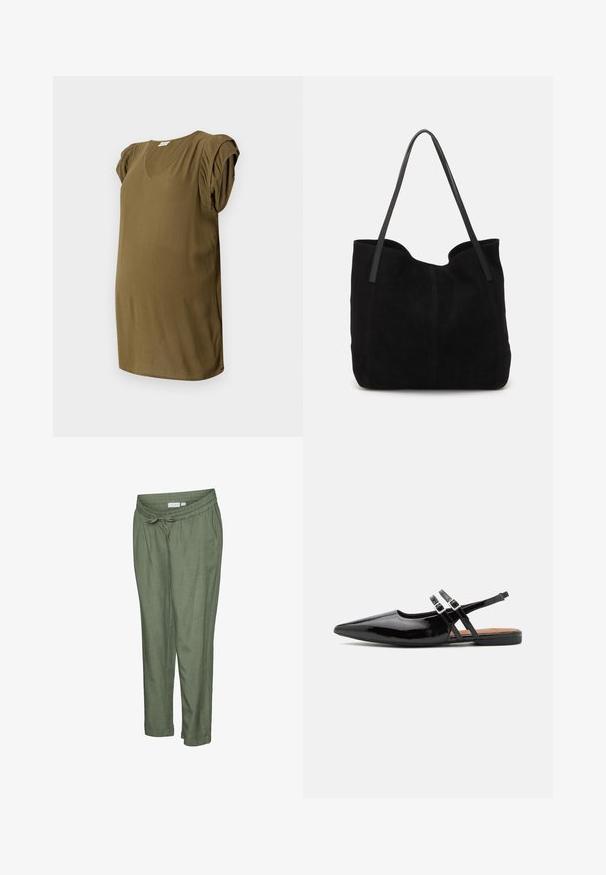 Top de maternité vert olive avec décolleté en V, manches courtes plissées et tissu texturé. Coupe décontractée avec un ourlet arrondi.; Pantalon léger de couleur vert olive avec une coupe décontractée. Caractérisé par une taille élastique avec cordon de serrage, des ourlets retroussés et des poches latérales.; Des chaussures slingbacks en cuir verni noir présentent un bout pointu, deux sangles avec des accents de boucle, et une semelle plate.; Sac fourre-tout en suède noir avec deux longues anses en cuir plates. Présente un bord supérieur incurvé et des coutures visibles sur le devant. Pas d'accents en métal.