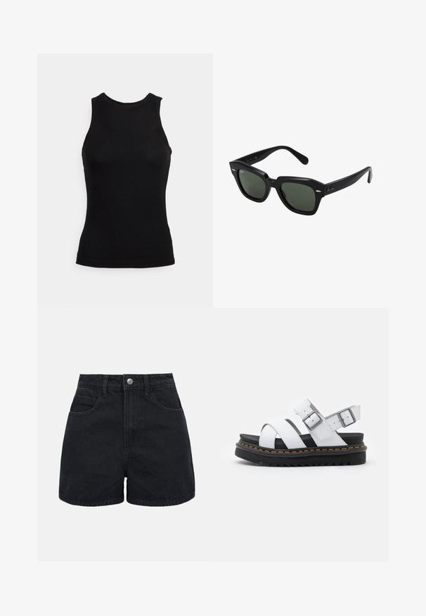 YAS YASRACCI - Top - black; Sorte denimshorts med høj talje, frontknap, bæltestropper og to forlommer på en ensfarvet hvid baggrund.; Hvide lædersandaler med justerbare spænder, lagdelt sort platformssål og orange syning langs kanten.; Sorte firkantede solbriller med mørkegrønne linser, der har kraftige stel og sølvdetaljer på siderne. Fremstillet i Italien.