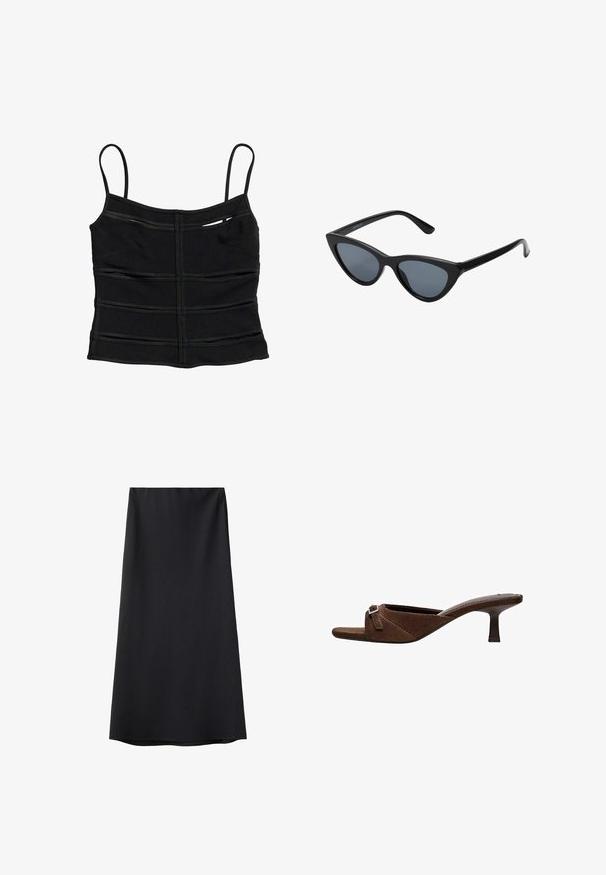 Crop top noir ajusté avec fines bretelles et détails de coutures horizontales sur le tissu.; Jupe midi noire en ligne A avec une texture lisse et une ceinture simple, présentée sur fond blanc.; Mule ouverte en suède marron avec talon bas en forme de petit chat et détail de boucle argentée sur une large bride traversant le pied.; Lunettes de soleil noires en forme d'œil de chat avec des verres gris foncé, monture en plastique élégante, coins pointus et branches droites. Pas de métal visible ni d'accents.