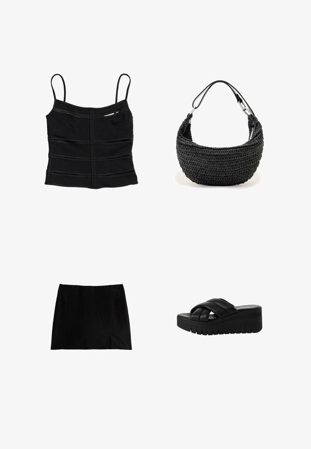 Top corto negro ajustado con tirantes finos y detalles de costuras horizontales en la tela.; Minifalda negra con un diseño recto, que presenta una abertura en la parte delantera. Hecha de una tela suave con acabado mate. Silueta simple y clásica.; Sandalias de plataforma negras con tiras cruzadas de cuero suave, que cuentan con una suela gruesa y texturizada y una punta ligeramente redonda.; Bolso tejido negro con forma curva y delgada correa de cuero para el hombro, sujeta con cierres plateados.