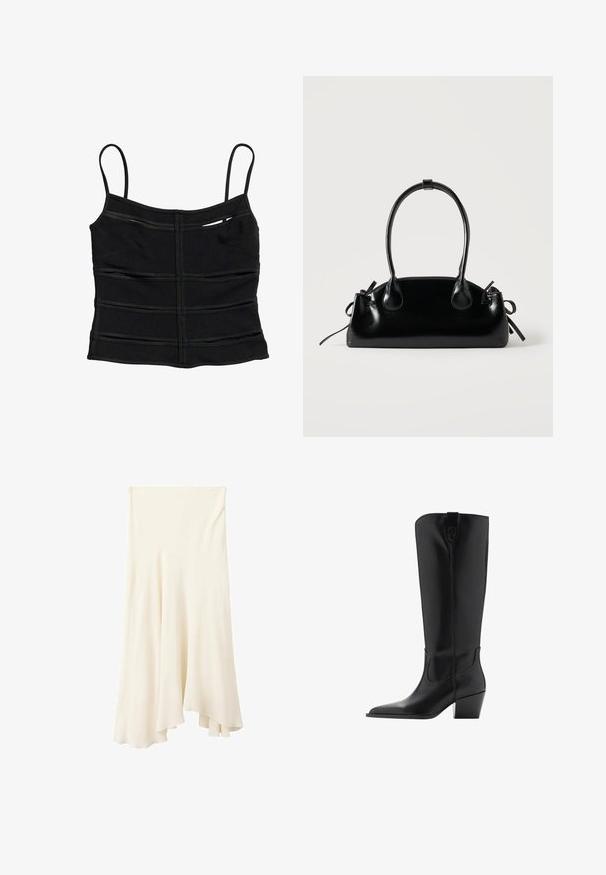 Black fitted crop top with thin shoulder straps and horizontal seam details across the fabric.; Cream-colored flowy midi skirt with an asymmetrical hem and soft fabric drape.; Tall black leather boot with pointed toe and mid-height angled heel, featuring a pull tab at the top of the shaft.; Small black glossy handbag with two long handles and side drawstring details on a plain light background.