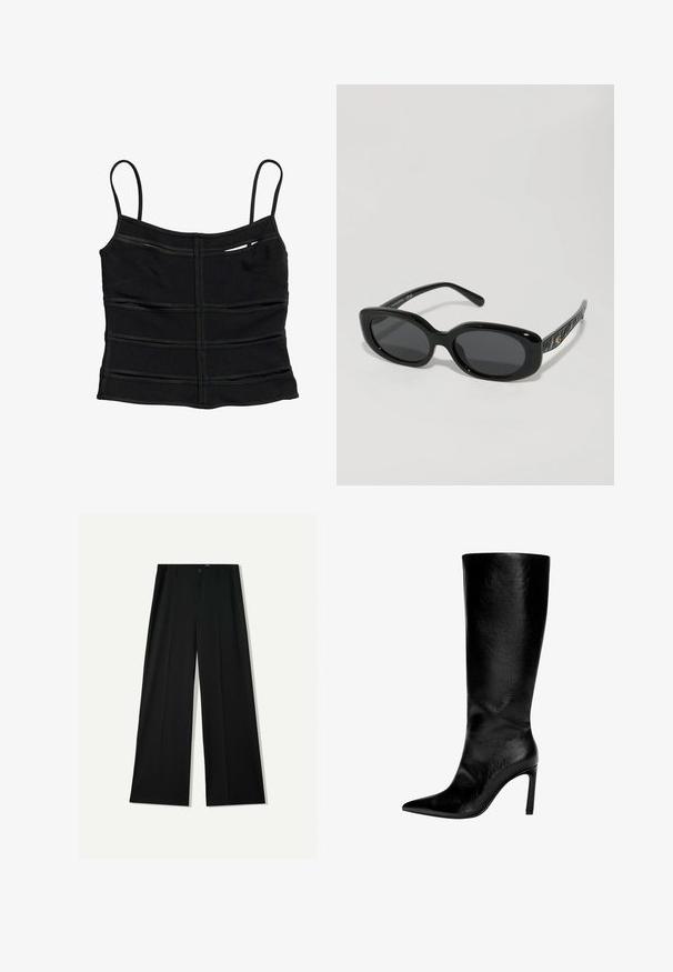Sort tætsiddende crop top med tynde skulderstropper og vandrette sømdetaljer på stoffet.; Bershka WIDE - Bukser - black; Knæhøj sort læderstøvle med spids tå, høj stiletthæl, glat finish og et enkelt, strømlinet design uden pynt.; Sorte solbriller med ovale rammer, mørke linser og glat plastmateriale; teksturerede sorte arme har gyldne logo accenter.