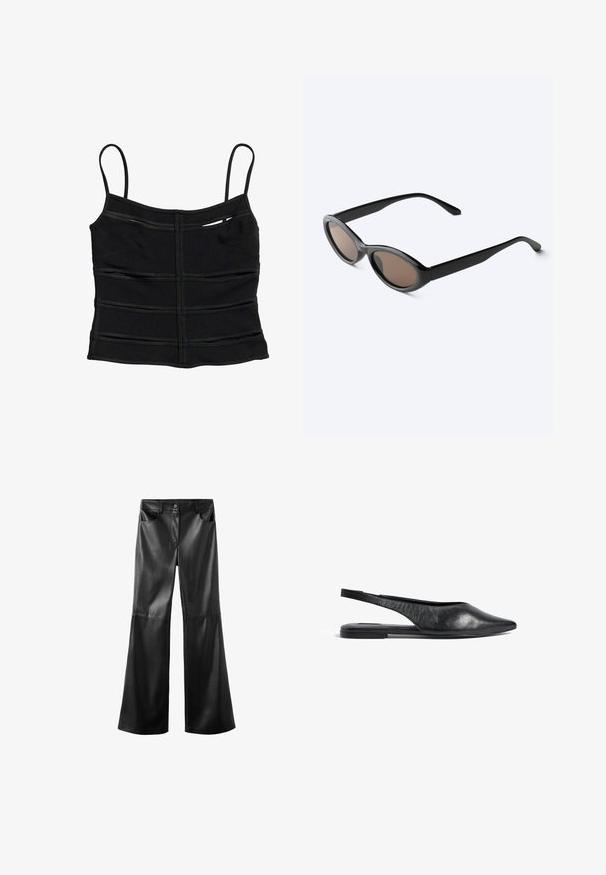 Top corto negro ajustado con tirantes finos y detalles de costuras horizontales en la tela.; Pantalones negros de piel sintética con piernas anchas acampanadas, cierre frontal con botón y cremallera, trabillas para cinturón y bolsillos delanteros.; Bailarinas de piel negra con tira en el talón y punta afilada, de diseño minimalista. Cuentan con un perfil elegante y un tacón delgado para mayor estabilidad.; Gafas de sol negras con montura ovalada y lentes tintadas oscuras, mostradas en un ángulo ligero sobre una superficie blanca.