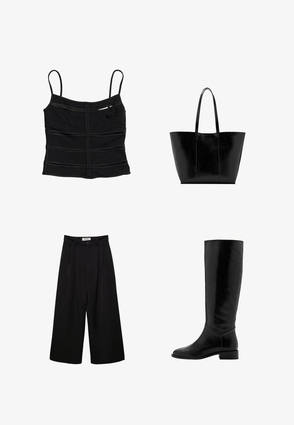 Crop top noir ajusté avec fines bretelles et détails de coutures horizontales sur le tissu.; Pantalon noir à jambes larges avec taille haute, présentant des plis à l'avant, deux poches latérales et une fermeture par bouton. Texture de tissu lisse.; Botte noire en cuir, montante jusqu'au genou, avec une texture lisse, un bout rond, un petit talon et un design minimaliste. Elle présente une tige ajustée et des accents cousus.; Sac cabas en cuir noir avec deux longues anses et texture lisse, présenté sur un fond blanc.