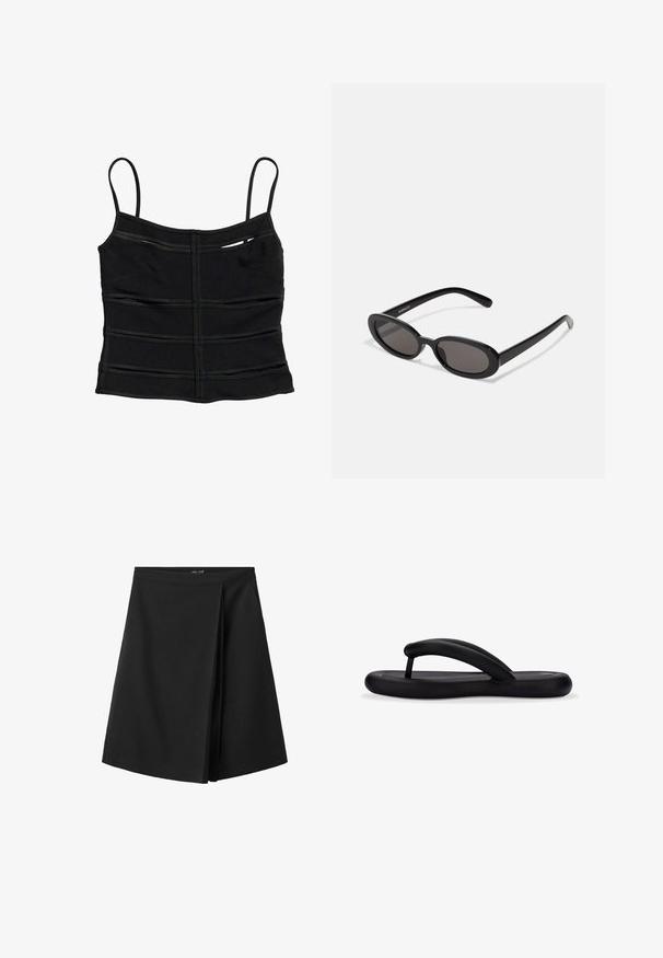 Top corto negro ajustado con tirantes finos y detalles de costuras horizontales en la tela.; Falda negra hasta la rodilla con una cintura recta y un detalle de pliegue superpuesto en la parte delantera, mostrada sobre un fondo blanco.; Chancla negra con material de espuma suave, forma redondeada y diseño de una sola tira con una estética minimalista.; Even&Odd by Zalando Gafas de sol - black