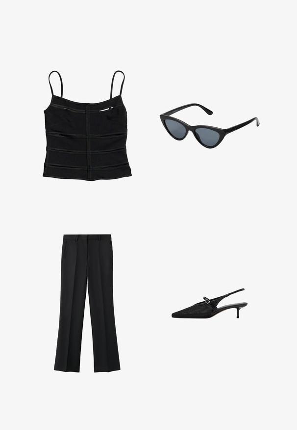 Top corto negro ajustado con tirantes finos y detalles de costuras horizontales en la tela.; Pantalones formales negros de corte recto, con pliegue delantero, bolsillos laterales y trabillas para cinturón, mostrados sobre un fondo blanco.; Tacones negros tipo slingback con puntera puntiaguda, parte superior de malla texturizada, correa delgada ajustable con hebilla plateada y tacones de aguja de 5 cm.; Gafas de sol negras en forma de ojo de gato con lentes gris oscuro, marco de plástico elegante, esquinas puntiagudas y patillas rectas. Sin herrajes ni acentos visibles.