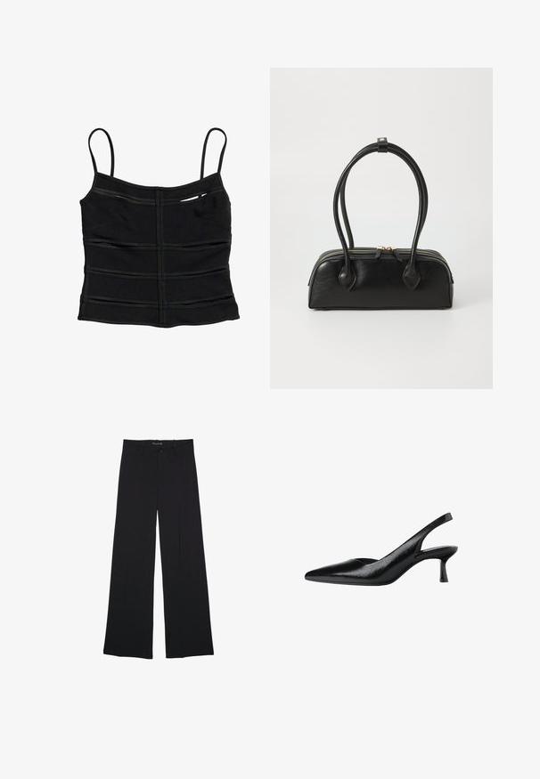 Crop top noir ajusté avec fines bretelles et détails de coutures horizontales sur le tissu.; Pantalon noir à jambes larges avec passants de ceinture, bouton frontal et fermeture éclair, étalé à plat sur un fond blanc.; Bottines noires à talons ouverts avec un bout pointu, fabriquées en matière synthétique texturée, présentant un talon fin et un design ouvert sur le côté.; Sac à main en cuir noir avec deux anses allongées, fermeture éclair et forme arrondie ; texture lisse avec une finition légèrement brillante.