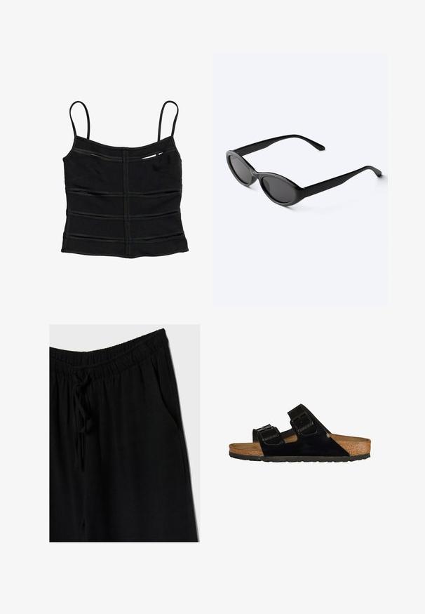 Schwarzes figurbetontes Crop-Top mit dünnen Schulterträgern und horizontalen Nahtdetails am Stoff.; Schwarze Hose mit elastischem Bund und Kordelzug, bietet eine lockere Passform und Seitentaschen. Das Material wirkt weich und leicht.; Schwarze Lackledersandalen mit zwei verstellbaren Riemen, Korkfußbett und Gummisohle, die eine glatte Struktur und ein minimalistisches Design aufweisen.; Schlanke schwarze ovale Sonnenbrille mit dunklen Gläsern und geraden Bügeln, liegend auf einer weißen Oberfläche.