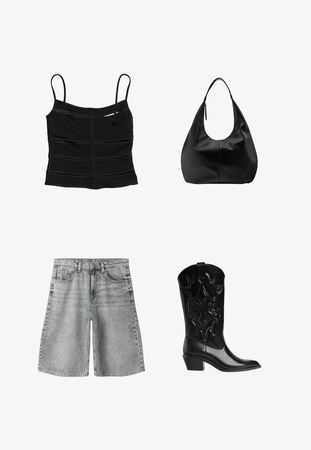 Crop top noir ajusté avec fines bretelles et détails de coutures horizontales sur le tissu.; Shorts en denim gris clair avec petits pois blancs, fermeture à bouton et fermeture éclair à l'avant, passants pour ceinture et poches avant.; Botte de cowboy en cuir noir avec des motifs décoratifs brodés, bout pointu, talon incliné de hauteur intermédiaire et lanière de tirage en haut de la tige.; Sac à main hobo décontracté en cuir noir avec une seule bandoulière large et un détail de tirette de fermeture éclair sur fond blanc uni.