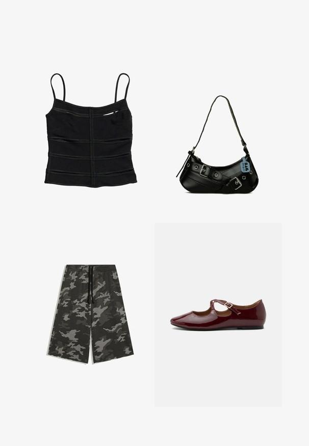 Black fitted crop top with thin shoulder straps and horizontal seam details across the fabric.; Dark gray and black camouflage patterned knee-length shorts with elastic waistband and black drawstring.; Glossy burgundy Mary Jane flat shoe with a T-strap and gold buckle on a plain light background.; Black synthetic handbag with a curved shape, adjustable strap, and decorative metal buckles. Features a smooth glossy texture.