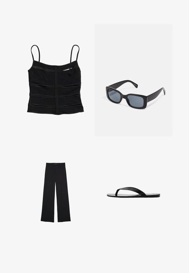 Sort tætsiddende crop top med tynde skulderstropper og vandrette sømdetaljer på stoffet.; Sorte bredbenede bukser lavet af et glat stof. Har en klassisk pasform, forlommer og en talje med knaplukning.; Sort flad flip-flop sandal med tynd Y-formet rem og glat sål, vist fra siden på hvid baggrund.; Sorte rektangulære solbriller med mørkt tonede linser, tyk plastramme og brede stænger. Glat overflade og kantet design.
