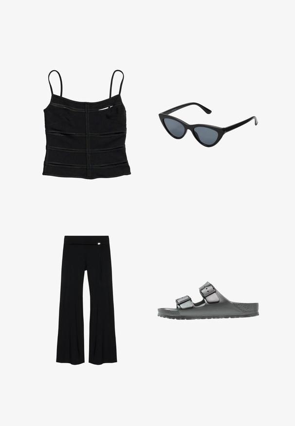 Zwart aansluitend cropped topje met dunne schouderbandjes en horizontale naaddetails over de stof.; Zwarte broek met wijde pijpen, een hoge taille en een dun koordriem gestrikt aan de rechterkant met een klein zilveren detail.; Grijze sandaal met twee verstelbare banden, textuurafwerking, brede voetbed en een gevormde zool voor comfort. Lichtgewicht en flexibele constructie.; Zwarte cat-eye zonnebril met donkergrijze lenzen, slank plastic frame, puntige hoeken en rechte pootjes. Geen zichtbare hardware of accenten.