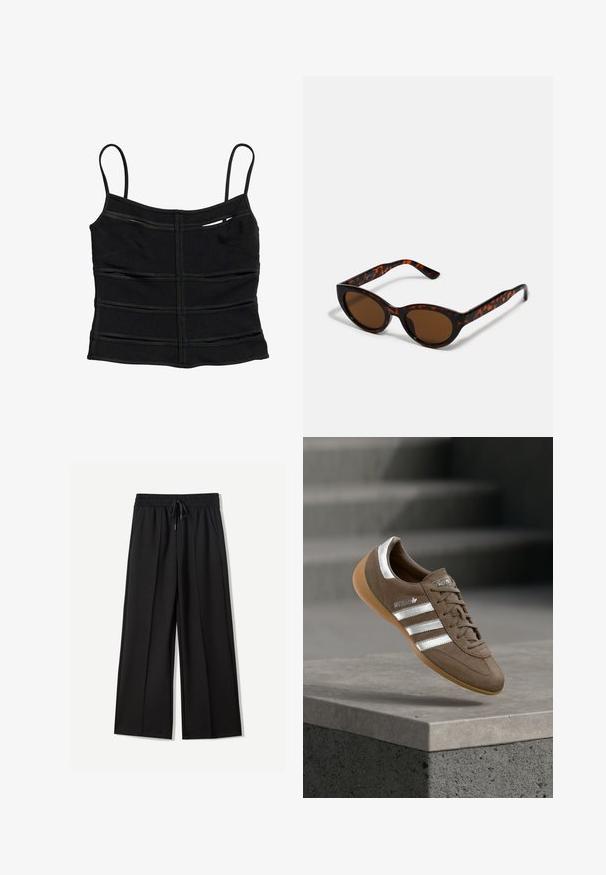 Sort tætsiddende crop top med tynde skulderstropper og vandrette sømdetaljer på stoffet.; Sorte bukser med bred benvidde lavet af blødt stof. Har en elastisk talje med snøre og to sidelommer. Flad front med plisseringer.; Brun ruskindssneaker med hvide striber og sølvdetaljer, med tekstureret overdel, snørelukning og gummisål i caramelfarve.; Brune skildpadde solbriller med en vintage katteøje-form og brune linser. Har buede arme med røde detaljer.