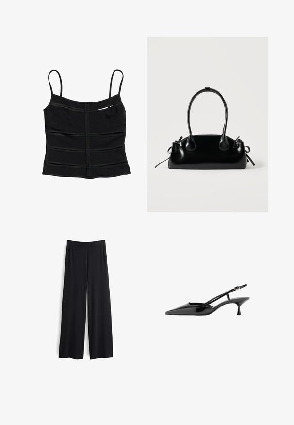 Schwarzes figurbetontes Crop-Top mit dünnen Schulterträgern und horizontalen Nahtdetails am Stoff.; Schwarze, weit geschnittene Hose mit glatter Textur und elastischem Bund. Ausgestattet mit Seitentaschen und lockerem Sitz für zusätzlichen Komfort.; Schwarzer Lackleder-Pumps mit spitz zulaufender Spitze, Slingback, flachem Absatz, dünnem Knöchelriemen und goldener Schnalle.; Kleine schwarze glänzende Handtasche mit zwei langen Griffen und seitlichen Kordelzug-Details vor einfachem hellem Hintergrund.