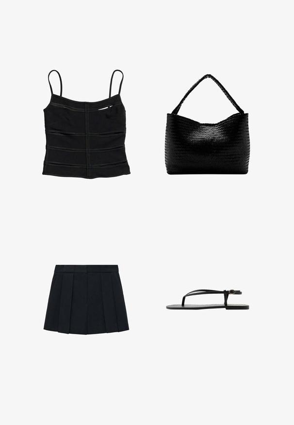Sort tætsiddende crop top med tynde skulderstropper og vandrette sømdetaljer på stoffet.; Sort plisseret nederdel lavet af stof med en glat tekstur. Har en struktureret talje og flere lodrette pliser for definition.; Sort flad sandal med tynde dobbelte stropper, ankelspænde og T-rem design på en ensfarvet hvid baggrund.; Sort vævet håndtaske med et enkelt flettet håndtag, rektangulær form og glansfuld tekstureret overflade.