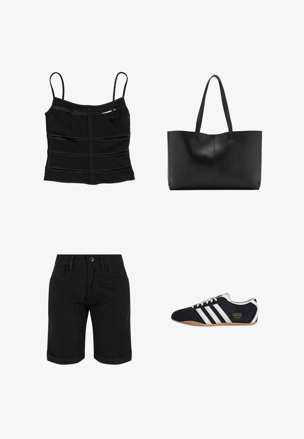 Sort tætsiddende crop top med tynde skulderstropper og vandrette sømdetaljer på stoffet.; Sorte bomuldsshorts med knaplukning, der har opsmøg, to frontlommer og en glat tekstur.; Sort ruskinds sneaker med hvide tre striber, guldlogo og en brun gummisål. Har et lavprofil snørebåndsdesign.; Sort læder tote taske med to lange stropper, et slankt design og subtile syninger langs midtersømmen. Glat tekstur.