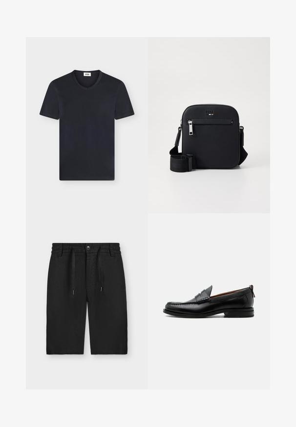 T-shirt noir à manches courtes en col V avec une étiquette blanche à l'intérieur du col sur un fond clair.; Short noir longueur genou avec taille élastique, fermeture par bouton, cordon et passants de ceinture, posé à plat sur un fond clair.; Mocassin homme en cuir noir avec couture moc toe, bride penny, col texturé et petit talon empilé sur fond blanc.; Sac bandoulière en cuir noir avec une texture lisse, doté d'une poche zippée à l'avant, d'une sangle réglable et d'un design carré élégant.