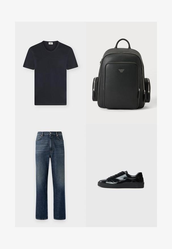 Schwarzes Kurzarm-V-Ausschnitt-T-Shirt mit weißem Etikett innen im Kragen auf hellem Hintergrund.; Dunkelblaue Denim-Jeans mit geradem Bein, sichtbaren Nähten, Five-Pocket-Design und silberner Knopfverschluss an der Taille.; Schwarze Lackledersneaker mit runder Zehenform, Schnürdesign, strukturiertem Gummisohle und glatter Oberfläche.; Schwarzer Rucksack mit silbernen Reißverschlüssen, Front- und Seitentaschen sowie einem kleinen silbernen Armani-Adler-Logo auf der Vorderseite mittig.