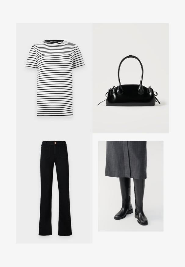Sort-hvid stribet t-shirt lavet af blødt stof. Har en rund halsudskæring og korte ærmer, med jævnt fordelte vandrette striber.; Sorte højtaljede lige ben jeans med frontlomme og kobberknaplukning på en neutral baggrund.; Knæhøje sorte læderstøvler med en glat tekstur, lynlåse i siden og en flad sål. Støvlerne har et struktureret skaft og minimalt hardware.; Lille sort blank håndtaske med to lange håndtag og snøre-detaljer i siden på en ensfarvet lys baggrund.