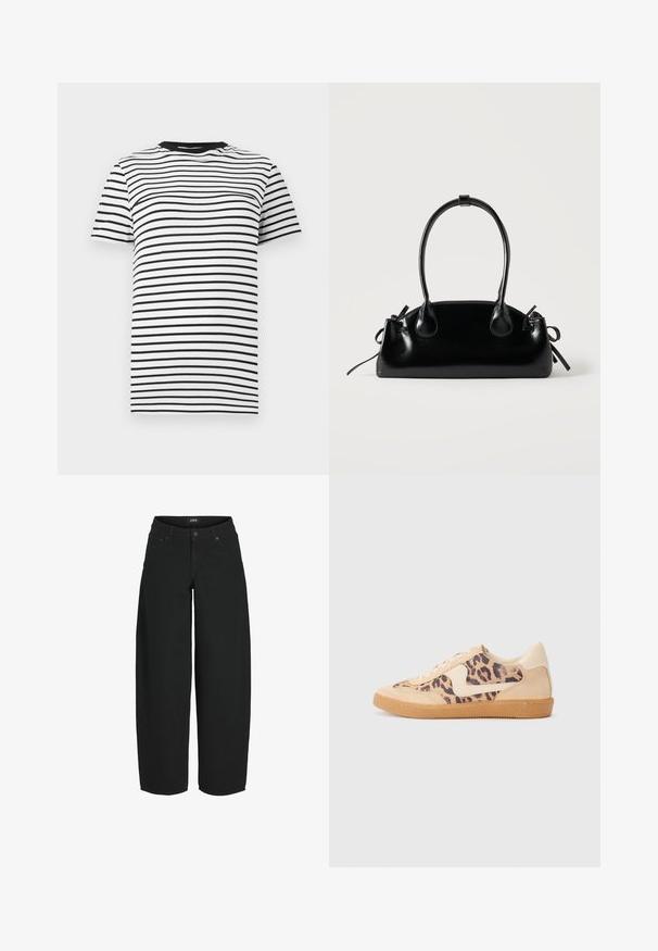 Zwart-witte gestreepte T-shirt van zachte stof. Heeft een ronde hals en korte mouwen, met gelijkmatig verdeelde horizontale strepen.; Zwarte cropped jeans met wijde pijpen, voorzijde met knoop- en ritssluiting, voor- en achterzakken, merklabel op de tailleband.; Luipaardprint sneakers met een beige suède bovenkant, tan rubberen zool en witte accenten. Ronde neus en vetersluiting met een gestructureerde afwerking.; Kleine zwarte glanzende handtas met twee lange hengsels en zijkant trekkoord details op een effen lichte achtergrond.