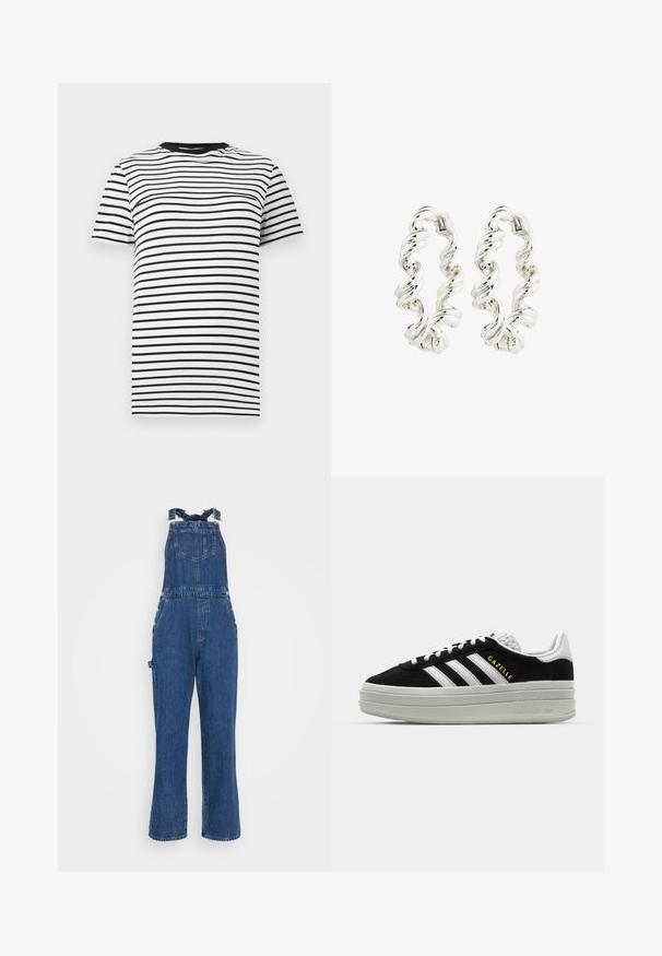 Camiseta de rayas en blanco y negro hecha de tejido suave. Presenta un cuello redondo y mangas cortas, con rayas horizontales de separación uniforme.; Pantalones de mezclilla tipo peto con tirantes ajustables, bolsillo frontal y detalles de botones en el costado. Color azul profundo y diseño de pierna recta con una textura desgastada.; Zapatillas negras de ante con detalles en cuero blanco, tres rayas blancas, cordones planos y una gruesa suela de plataforma gris. Marca "Gazelle" en dorado.; Pendientes de aro de plata retorcida con un acabado liso y reflectante y un cierre seguro. El diseño presenta un patrón en espiral para un detalle adicional.
