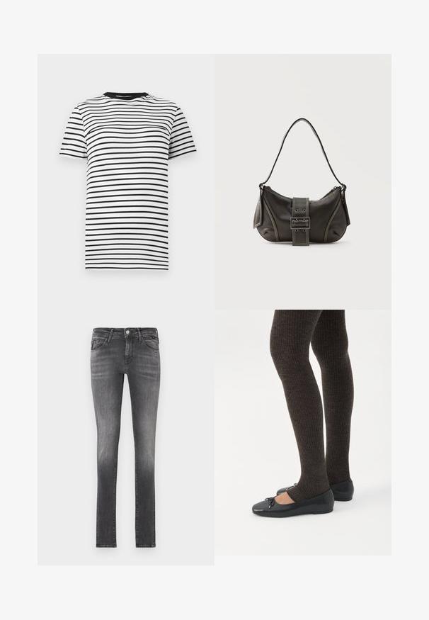 Sort-hvid stribet t-shirt lavet af blødt stof. Har en rund halsudskæring og korte ærmer, med jævnt fordelte vandrette striber.; Mørkegrå slim-fit jeans med en slidt finish, lavet af denim, der har fem lommer og en klassisk lynlås med metalknaplukning.; Ben iført mørke ribbede leggings kombineret med sorte balletsko med små sløjfedetaljer på hvid baggrund.; Sort læder skuldertaske med spænde på remmen, afrundede kanter og kontrasterende hvide syninger på en ensfarvet baggrund.