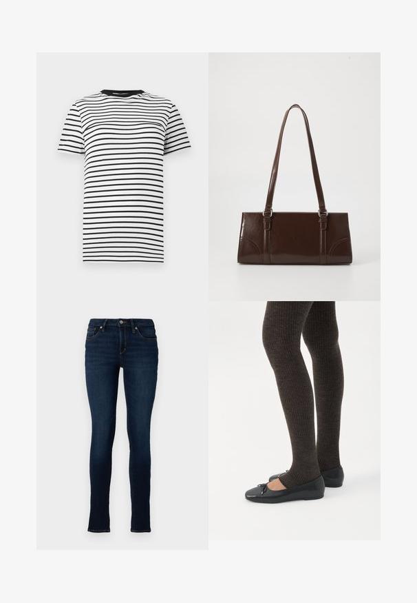 Zwart-witte gestreepte T-shirt van zachte stof. Heeft een ronde hals en korte mouwen, met gelijkmatig verdeelde horizontale strepen.; TOM TAILOR DENIM TTJONA SKINNY FIT - Jeans Skinny Fit - used dark stone blue denim; Benen met donkere geribbelde leggings gecombineerd met zwarte ballerina's met kleine strikdetails op een witte achtergrond.; Bruine lakleren handtas met een rechthoekige vorm, twee lange handvatten en subtiele gebogen accenten aan de voorkant.