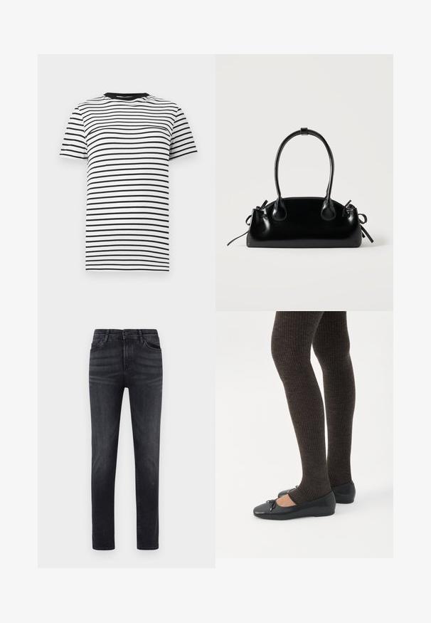 Sort-hvid stribet t-shirt lavet af blødt stof. Har en rund halsudskæring og korte ærmer, med jævnt fordelte vandrette striber.; Sorte denim jeans med lige skæring. Har fem lommer, knaplukning og bæltestropper. Stoffet har en glat tekstur og let stræk.; Ben iført mørke ribbede leggings kombineret med sorte balletsko med små sløjfedetaljer på hvid baggrund.; Lille sort blank håndtaske med to lange håndtag og snøre-detaljer i siden på en ensfarvet lys baggrund.