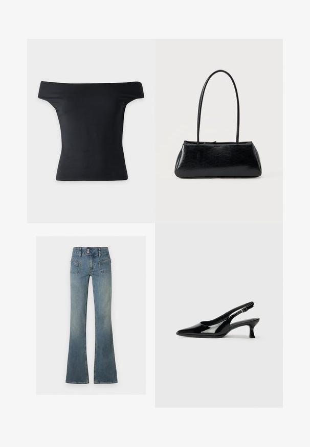 Top negro ajustado con hombros descubiertos y mangas cortas, exhibido sobre un fondo gris claro.; Vaqueros denim azul de talle alto con cierre de doble botón, cremallera frontal, bolsillos con cremallera y perneras acampanadas sobre un fondo liso.; Zapatos de charol negro tipo slingback con punta afilada y tacón bajo. Correa ajustable con hebilla en el tobillo.; Bolso de hombro rectangular negro con correas largas y delgadas y una textura lisa y brillante sobre un fondo liso.