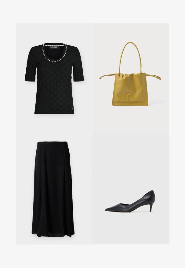 Top corto negro con textura, con patrón de cestería y escote redondo adornado con grandes cuentas plateadas.; Falda maxi negra hecha de un material ligero, con un diseño fluido, de color negro sólido y detalles sutiles en las costuras laterales.; Zapato de tacón bajo de cuero negro con punta puntiaguda. Presenta una textura lisa y un brillo sutil. Corte abierto en la parte frontal para un detalle adicional.; Bolso de mano de cuero amarillo con cierre de cordón, textura suave y logo en relieve en la parte frontal. Cuenta con asas largas y delgadas.